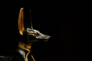 anubis god of the dead, animal statue dark black exhibition figure closeup museum.