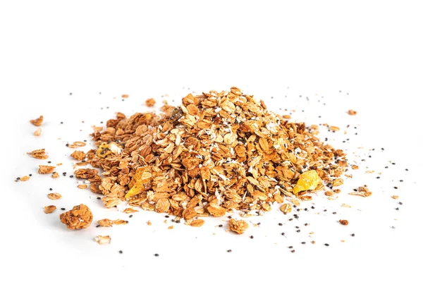 Granola from whole oat flakes with coconut chips, pineapple and chia seeds isolated on a white background. Muesli isolated. A quick breakfast. Healthy breakfast. — Stock Photo, Image