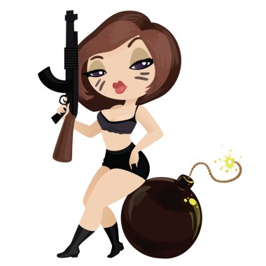 menina com uma espingarda e uma bomba