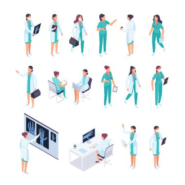Isome doktor seti. Üç boyutlu kadın doktorlar farklı pozlarda, terapist, radyolog, hemşire. Düz stili olan Isometric insanlar. Vektör illüstrasyonu.