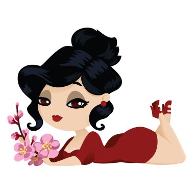 Bright brunette in a red dress with cherry flowers in her hands  clipart