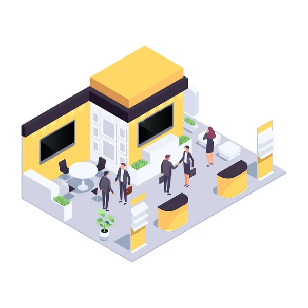 Isometric Exhibition Hall Isometric Exhibition Hall People Promotional Stands Exposition — Stock Vector