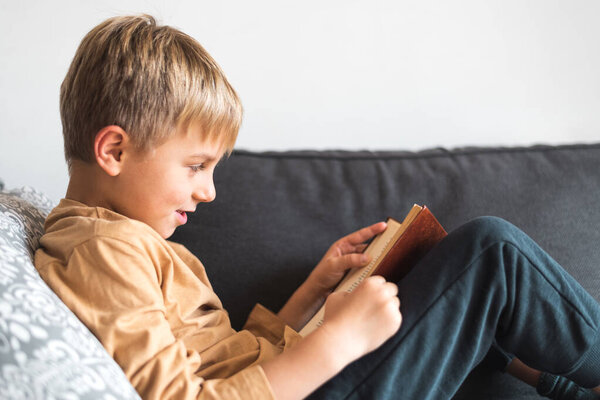Cute little boy reading interesting fiction on sofa