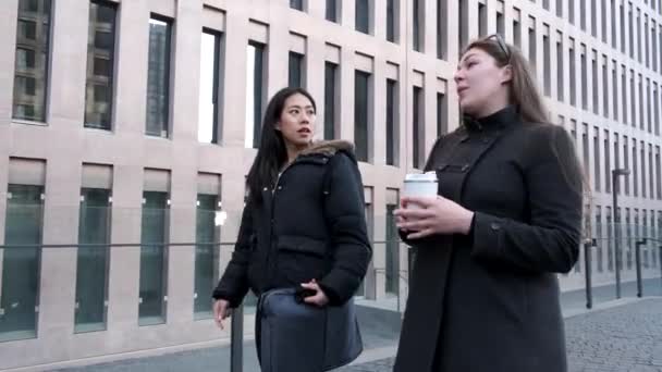 Cheerful multiracial women walking along street — Stock Video