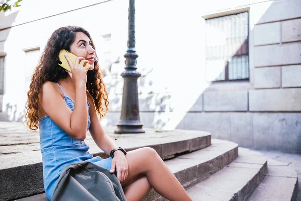 Young Indian Female Tourist Wearing Denim Dress Talking Phone She — 图库照片