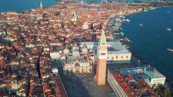 Venezia skyline aerea Italia. Venezia grandioso canale cattedrale chiesa nel centro storico vista uccelli. — Video Stock