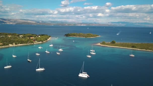 Yachts and boats in marina in town in Croatia, drone footage circle view — Stockvideo
