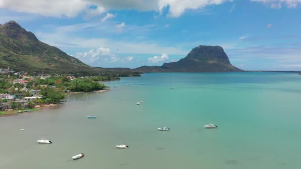 Mauritius 'ta tropik bir sahil. Palmiye ağaçları ve mavi şeffaf okyanusla dolu bir sahil. Hava görünümü — Stok video