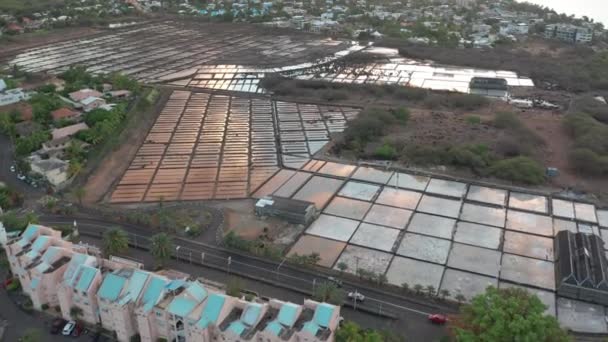 Hava görüntüsü. Tamarin tuz üretimi deniz tuzu, Mauritius. Gün batımı — Stok video