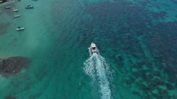 Vue aérienne de l'océan à Maurice. Eau turquoise avec bancs de sable, récif et une île. Voler autour d'un bateau de wakeboard — Video