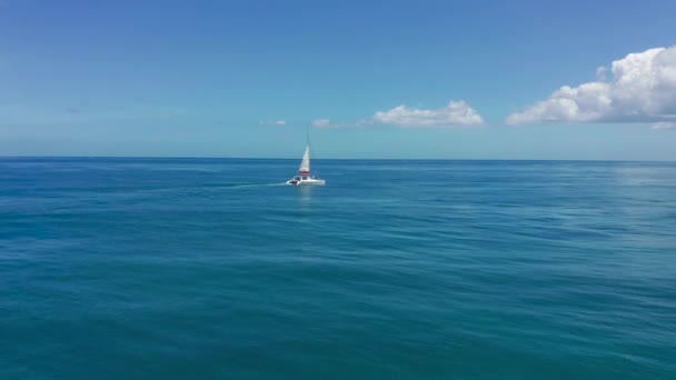 Katamaran w turkusowej wodzie na tle rajskiej wyspy Mauritius. Zdjęcia dronów z lotu ptaka widok z lotu katamaranem na otwartym morzu. — Wideo stockowe
