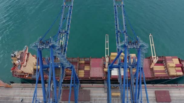 Vue aérienne Port Louis, île Maurice port à conteneurs. Chargement du navire avec des conteneurs pour le transport. Conteneur cargo navire de chargement dans l'import export logistique d'affaires — Video