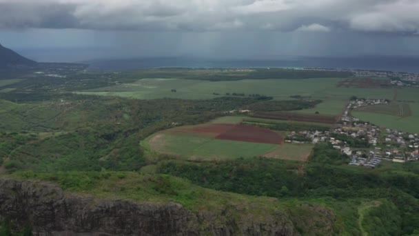Aerial view over round fields of sugarcane on the island of Mauritius — Stock Video
