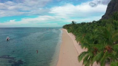 Mauritius 'ta turkuaz suyu olan güzel bir sahil. Vahşi cennet kumsalı beyaz kum yüksek hindistan cevizi palmiyesi ağaçları doğal egzotik manzara. Okyanus dalgaları mavi şeffaf berrak su.