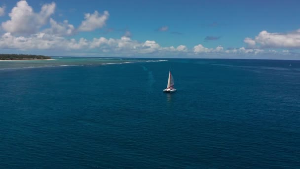 Katamaran w turkusowej wodzie na tle rajskiej wyspy Mauritius. Zdjęcia dronów z lotu ptaka widok z lotu katamaranem na otwartym morzu. — Wideo stockowe