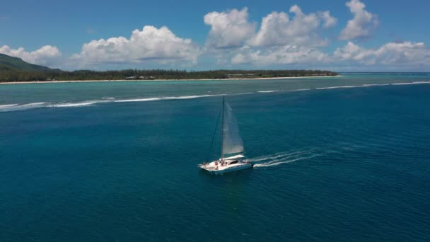 Catamaran à voile dans la mer tropicale avec voiles ouvertes, vue depuis le drone. Maurice — Video