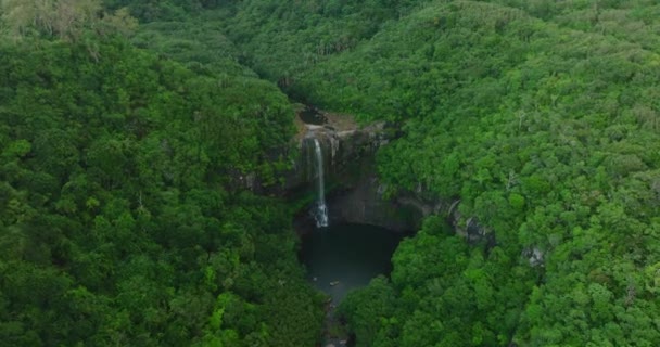 Widok z lotu ptaka. Lot nad tropikalnym potokiem rzeki, lasem i górą w porze deszczowej w Parku Narodowym. Mauritius — Wideo stockowe