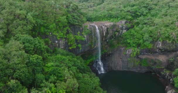 Aerial View. Flight over tropical river stream, forest and mountain in the rainy season at National Park. Mauritius — Vídeos de Stock