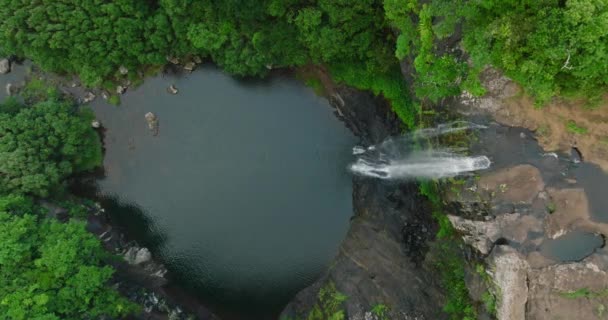Aerial view. Beautiful waterfall on the island in the green jungle. Falling water from a high cliff — Vídeos de Stock