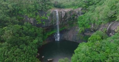 Hava görüntüsü. Yeşil ormandaki adada güzel bir şelale. Yüksek bir uçurumdan düşen su