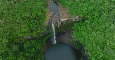 Hava görüntüsü. Yeşil ormandaki adada güzel bir şelale. Yüksek bir uçurumdan düşen su