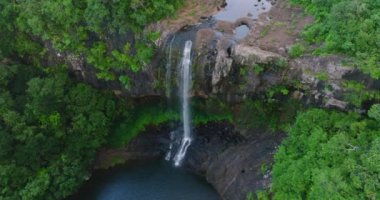 Hava görüntüsü. Ulusal Park 'ta yağmur mevsiminde tropikal nehir akıntısı, orman ve dağ üzerinden uçmak. Mauritius