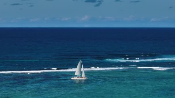 青い海の白いカタマラン ターコイズブルーの水の上の豪華な船でボート旅行 カタマランのパーティーだ 空中展望 高品質4K映像 — ストック動画