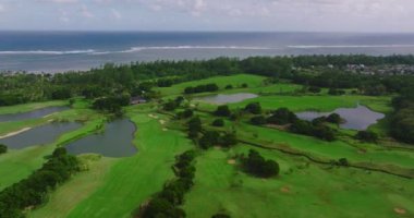 Hava görüntüsü. Birçok ağacı olan modern ve ekolojik yeşil alanlar. Bir sürü yeşil palmiye ve diğer bitkiler. Çevresel koruma. Yüksek kalite 4k görüntü
