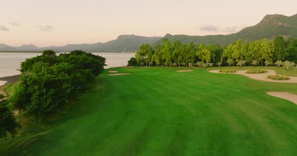 Flygfoto Golfbana Med Puttinggreen Gräs Och Träd Fantastisk Fågelperspektiv Över — Stockvideo
