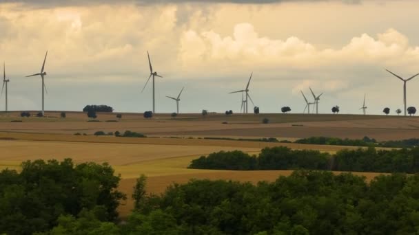 Large Wind Turbines Blue Sky Sunset Spring Wind Park Agricultural — Stockvideo