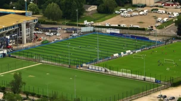 Aerial View Auxerre Soccer Field Two Professional Teams Playing Energetic — Stockvideo