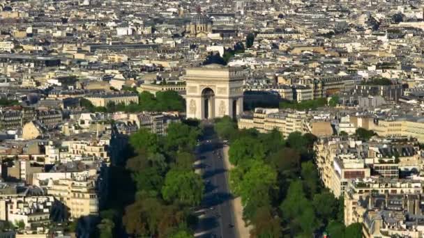 Aerial Drone Distant Sunset View Tour Eiffel Tower Seine River — Stockvideo