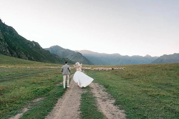 Braut Und Bräutigam Brautkleidern Auf Einer Wiese Vor Der Bergkulisse — Stockfoto