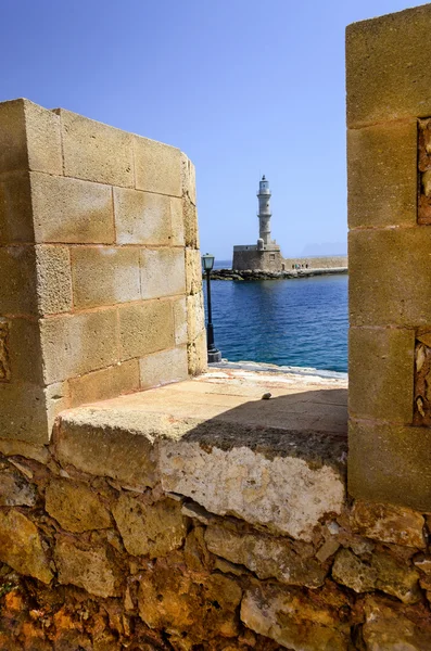 Chania - 21 de maio - Cidade Velha.Vista do farol de Chania, Cre — Fotografia de Stock