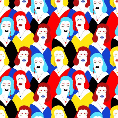  Kusursuz desenli, alımlı güzel kızların görüntüsü. 20. yüzyılın en ideal güzelliğinin kollektif bir görüntüsü. Kumaş ve duvar kağıdı dekorasyonu için tasarım.