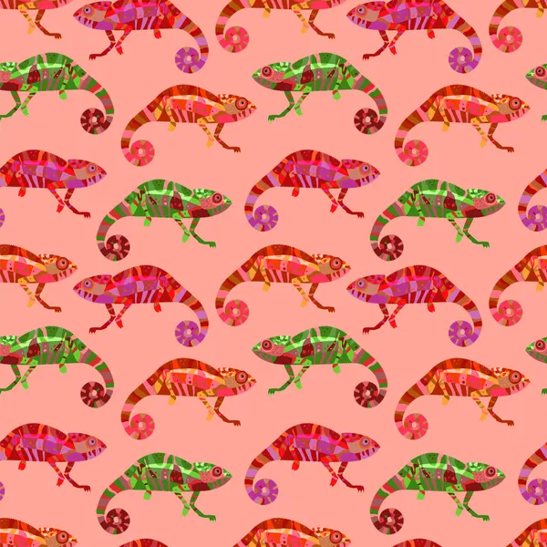 Bukalemun görüntüsü olan parlak, çok renkli, pürüzsüz bir desen. Kumaş ve duvar kağıtları için dekorasyon.