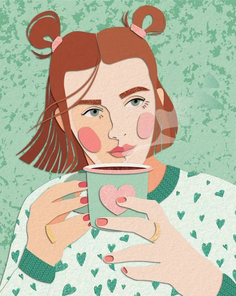 Elinde bir fincan sıcak kahveyle genç ve güzel bir kızın resmi olan orijinal bir kartpostal..