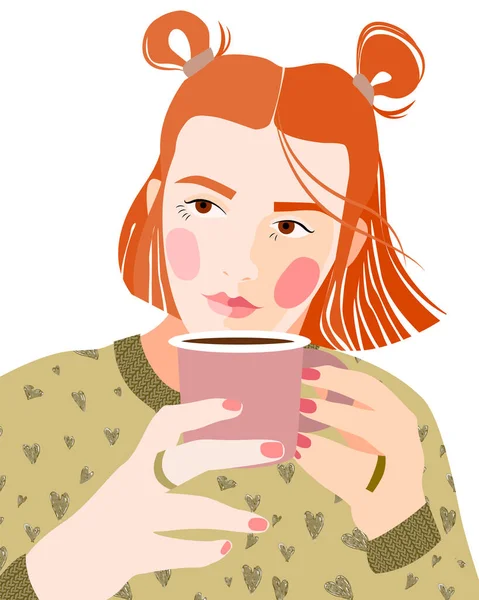 Postcard Image Young Pretty Girl Cup Hot Coffee Her Hands — Stock Vector