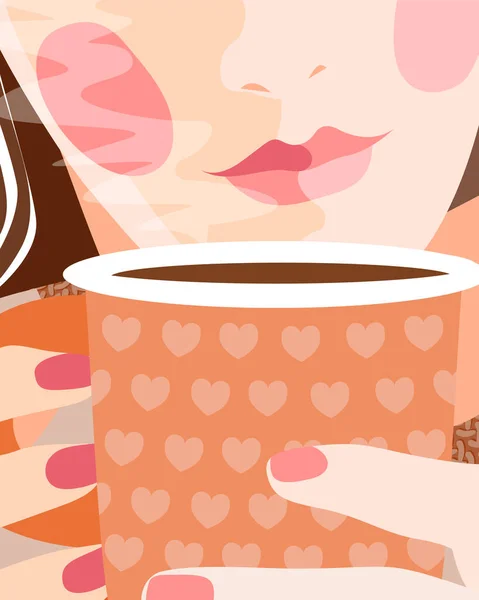 Bir Kartpostalda Bir Kadının Yüzü Bir Fincan Sıcak Kahve Vardı — Stok Vektör