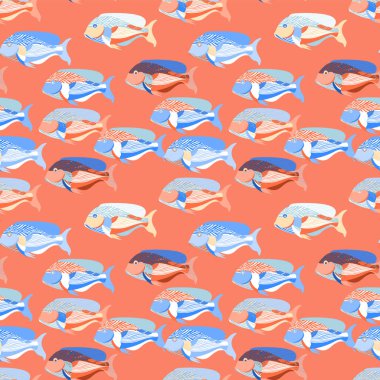 Egzotik balık görüntüsü olan parlak, pürüzsüz bir desen. Kumaş ve duvar kağıdı dekorasyonu için tasarım.