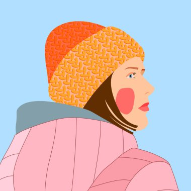 Üzerinde örgü şapkalı genç bir kız resmi olan parlak bir kartpostal..