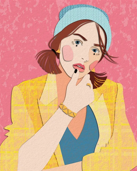 A bright illustration depicting a young girl in a yellow jacket and a knitted hat. Fashion and beauty, fashion poster