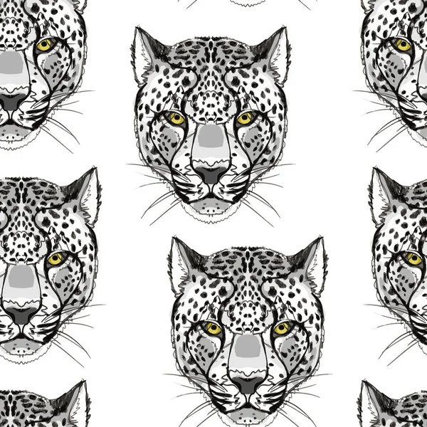 Seamless pattern with the image of the head of a snow leopard in the form of a hand drawing.