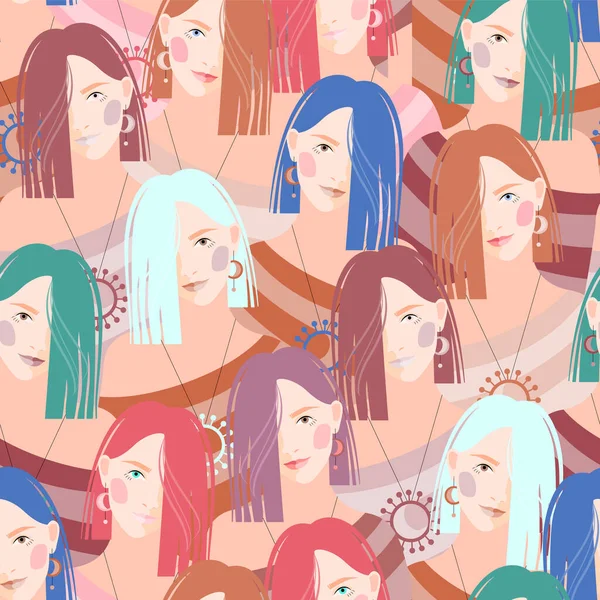 Çok renkli saçlı bir grup genç kızı tasvir eden parlak, pürüzsüz bir desen. Tekstil ve duvar kağıdı dekorasyonu için tasarım.