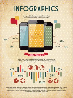 Infographic öğeleri belge ve raporlar ile üç parlak dokunmatik ekran cep telefonu cihazları