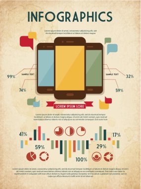 Infographic öğeleri belge ve raporlar ile üç parlak dokunmatik ekran cep telefonu cihazları