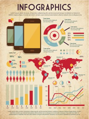 Infographic öğeleri belge ve raporlar ile üç parlak dokunmatik ekran cep telefonu cihazları