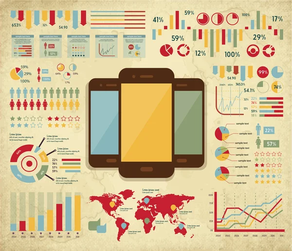 Elementi per i tuoi documenti e report con tre dispositivi touchscreen — Vettoriale Stock