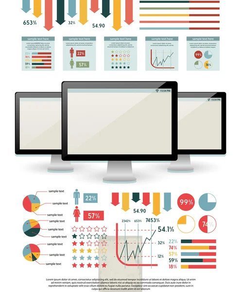 Elementos para sus documentos e informes con tres dispositivos de pantalla táctil — Vector de stock