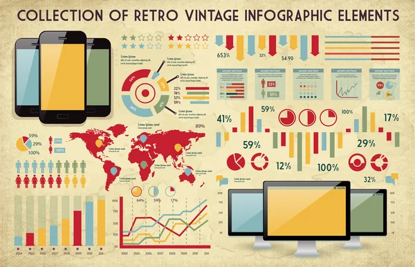 Elementos para sus documentos e informes con tres dispositivos de pantalla táctil — Vector de stock